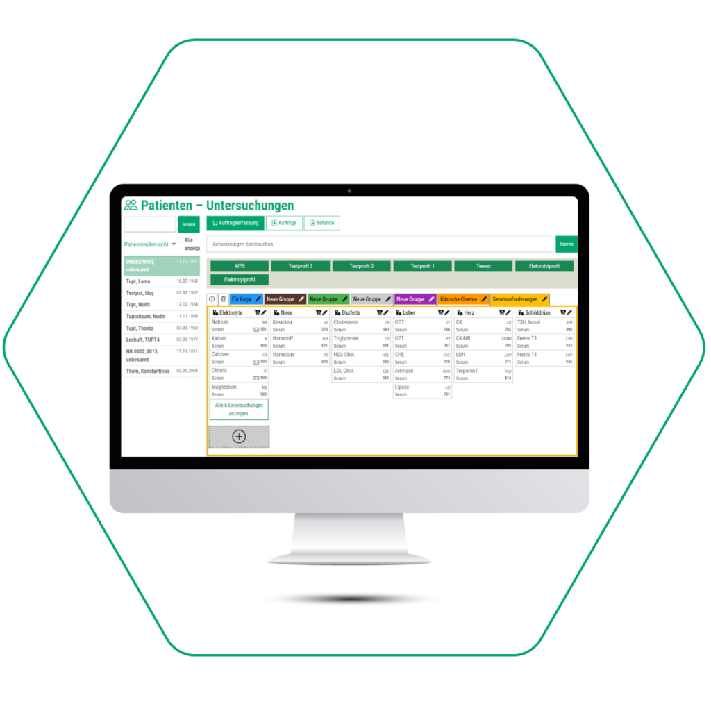 Benutzeroberfläche der Medat Order Entry Software auf einem Monitor zur Erfassung von Patientenuntersuchungen.