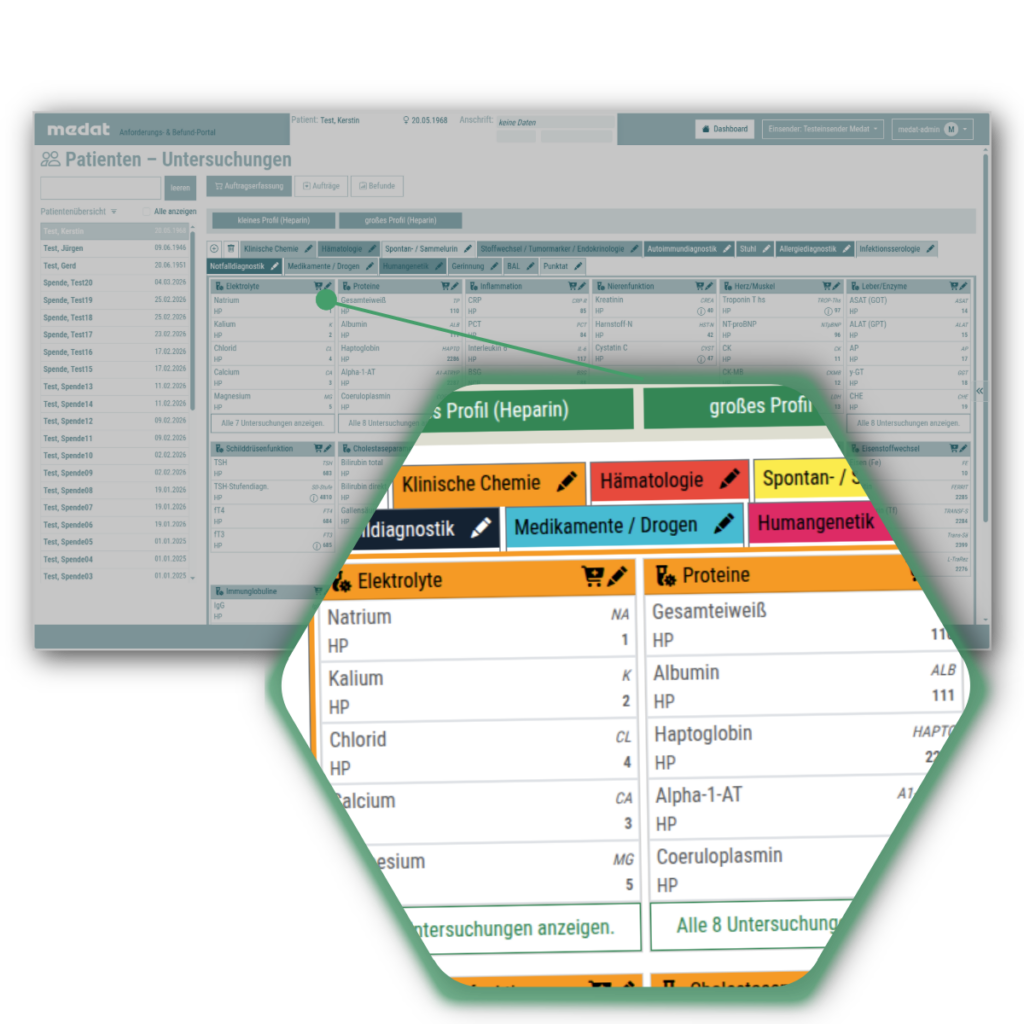 Detailansicht der Order Entry Software mit Profilauswahl für Klinische Chemie, Elektrolyte und Hämatologie.