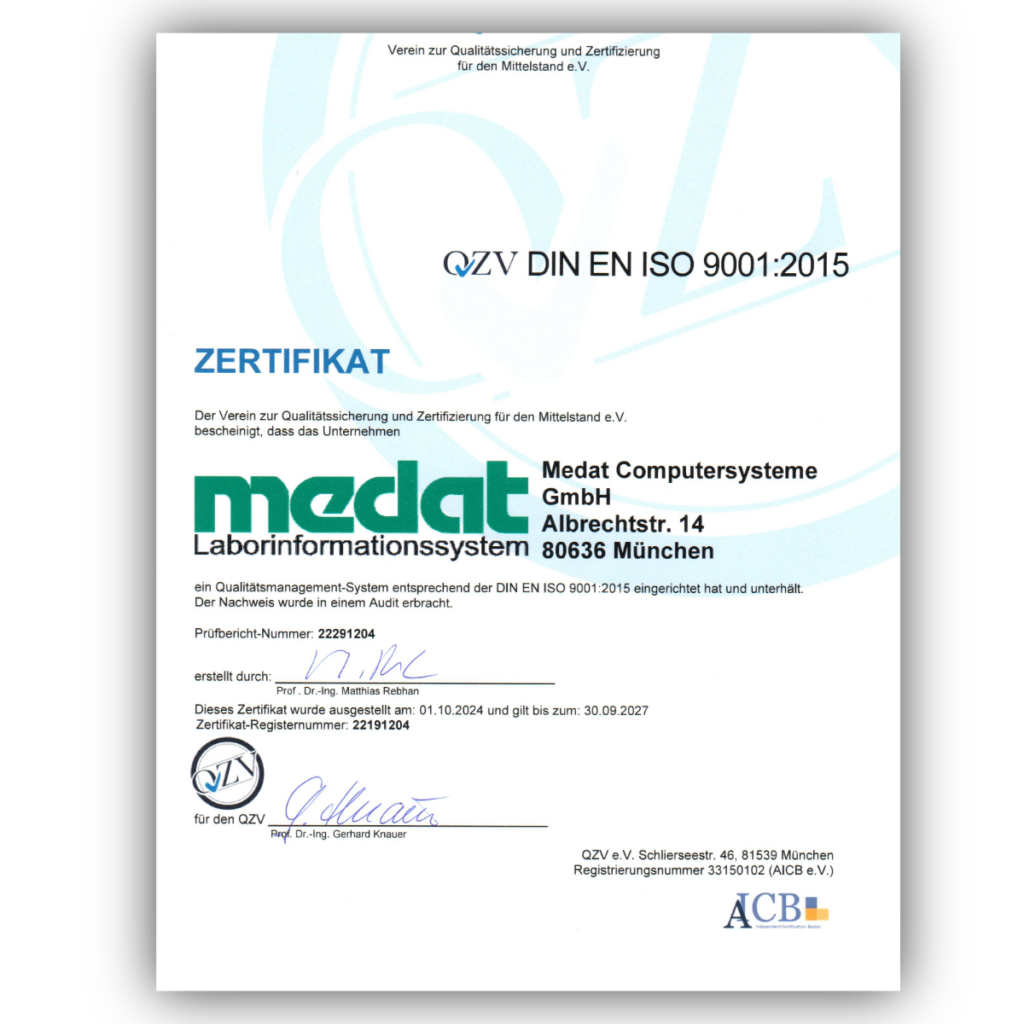 DIN EN ISO 9001:215 Zertifikat Medat