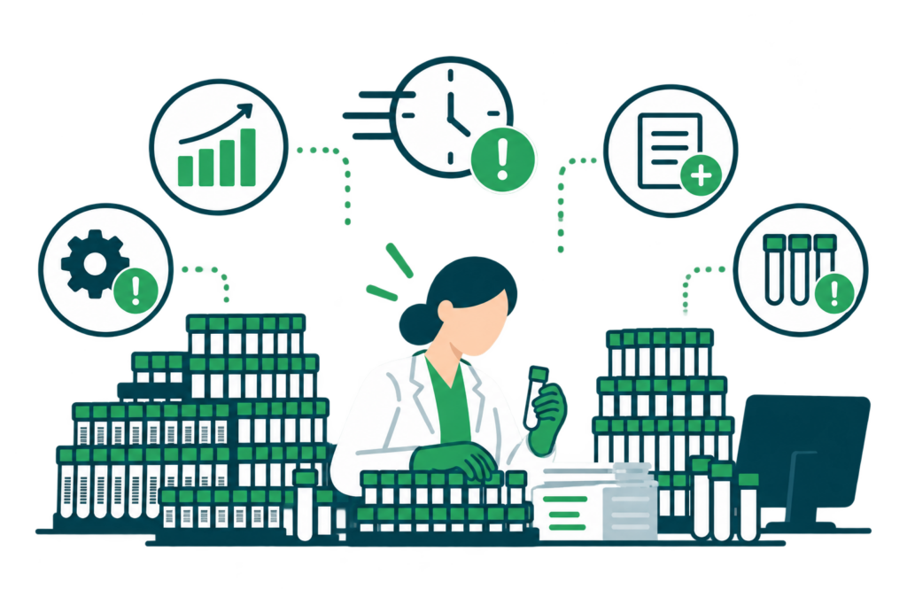 Hohes Probenaufkommen im Labor mit zahlreichen Probenröhrchen und digitaler Verarbeitung durch ein Laborinformationssystem für MVZ und Laborgemeinschaften.